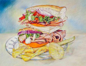 A new piece for my food series! All American Hero, Prismacolor Pencil 22″x17″