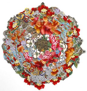 Round Flower, 2012, cut collaged fabric and Prismacolor pencil 50”x50”